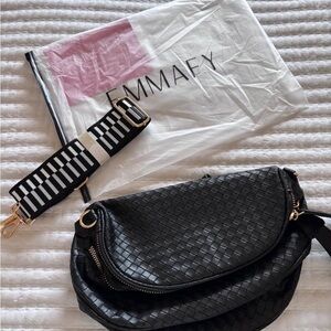 NWT Black Woven Leather Crossbody Bag with Adjustable Strap